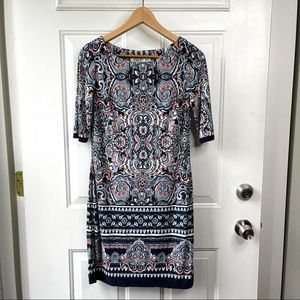 Eliza J Blue Patterned 3/4 Sleeve Boatneck Sheath Dress Size 2